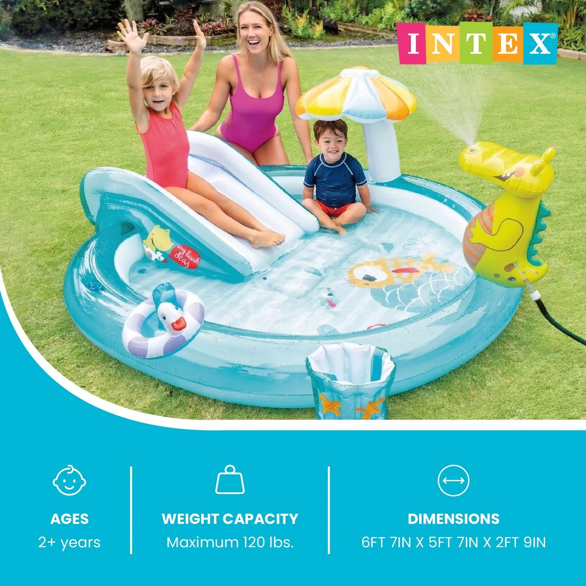 Intex 57165EP Gator Outdoor Inflatable Kiddie Pool Water Play Center with Slide