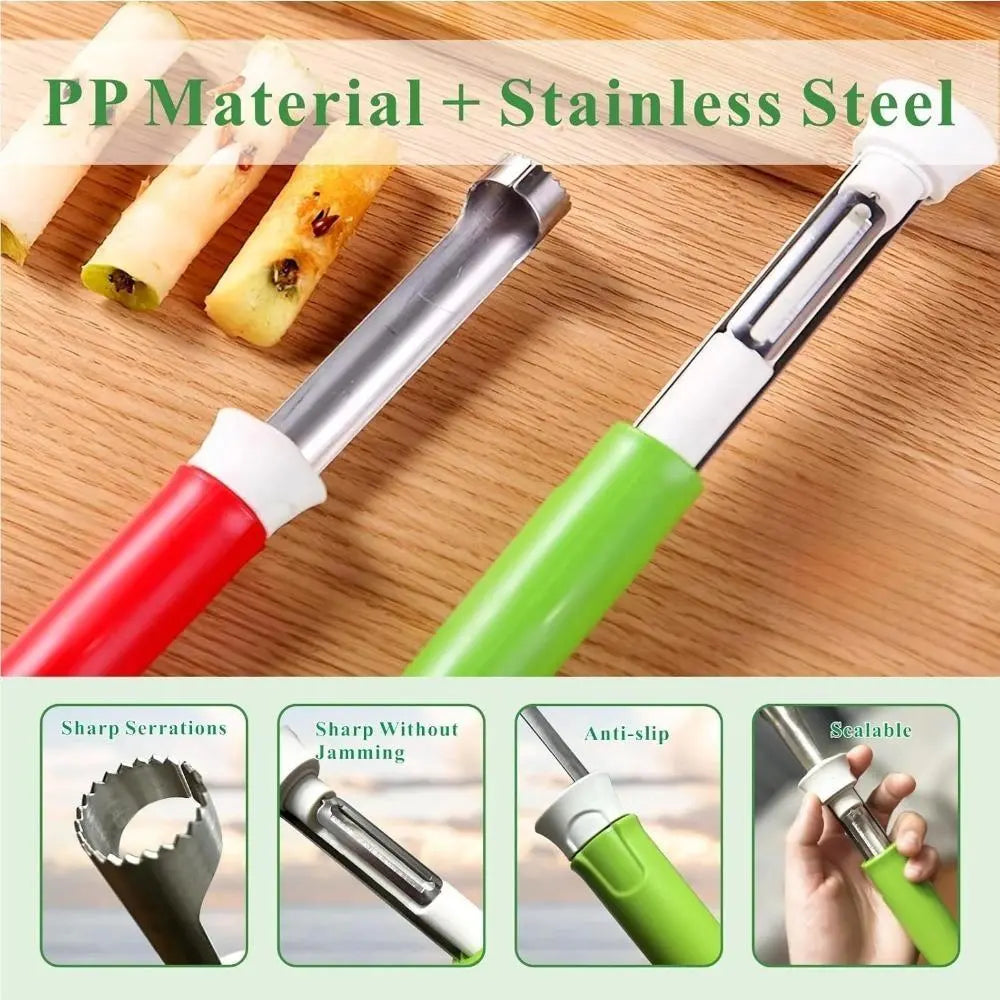 Multifunctional Retractable Stainless Steel Peeler 2 in 1 Apple Peeler Corer Slicer Easy Grip Kitchen Gadget for Fruit Vegetable (Red)