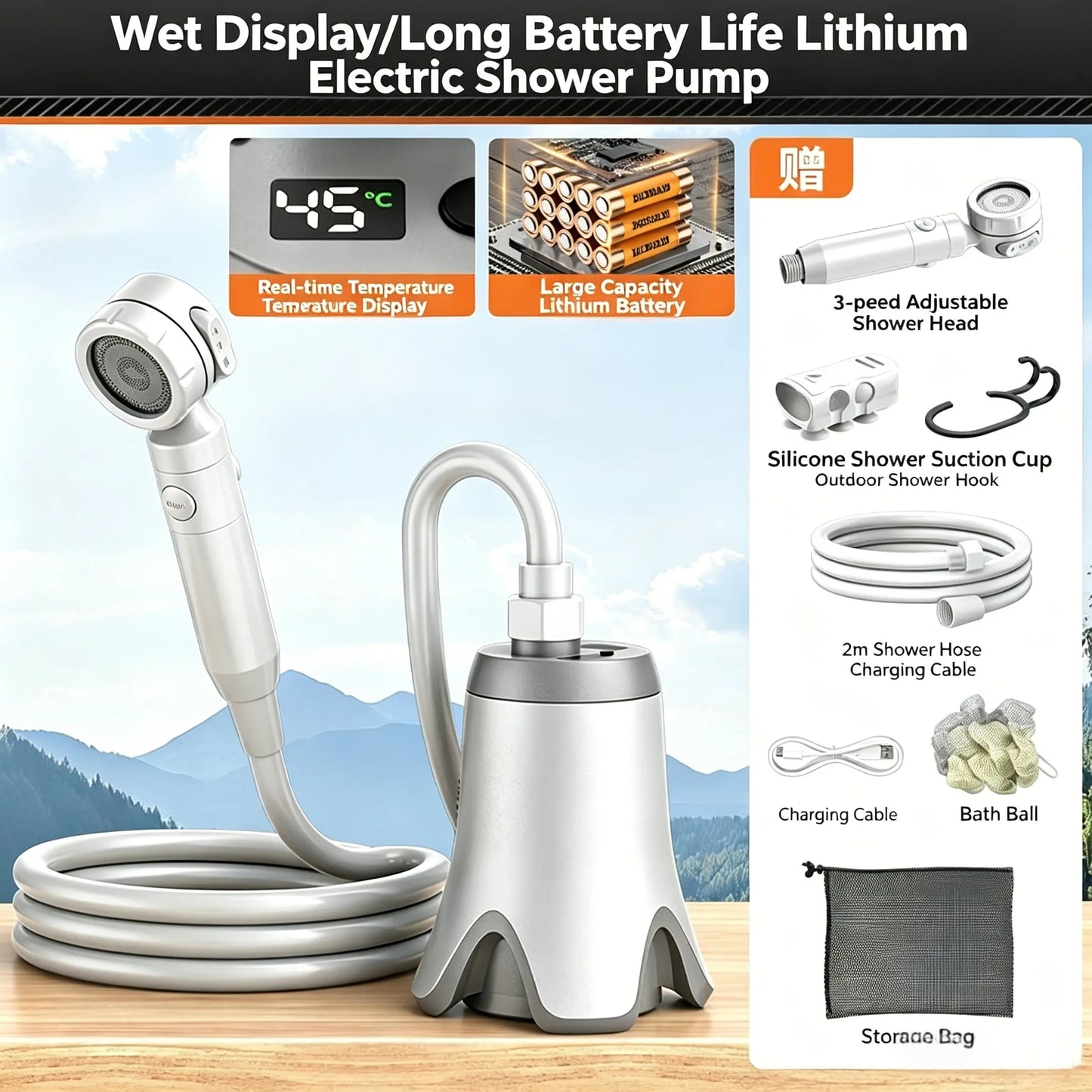 Wetough Portable Camping Shower Outdoor Camp Shower Pump,Upgrade Rechargeable Electric Shower Pump with Intelligent Digital Display Multiple Spray Modes for Camping, Hiking, Traveling