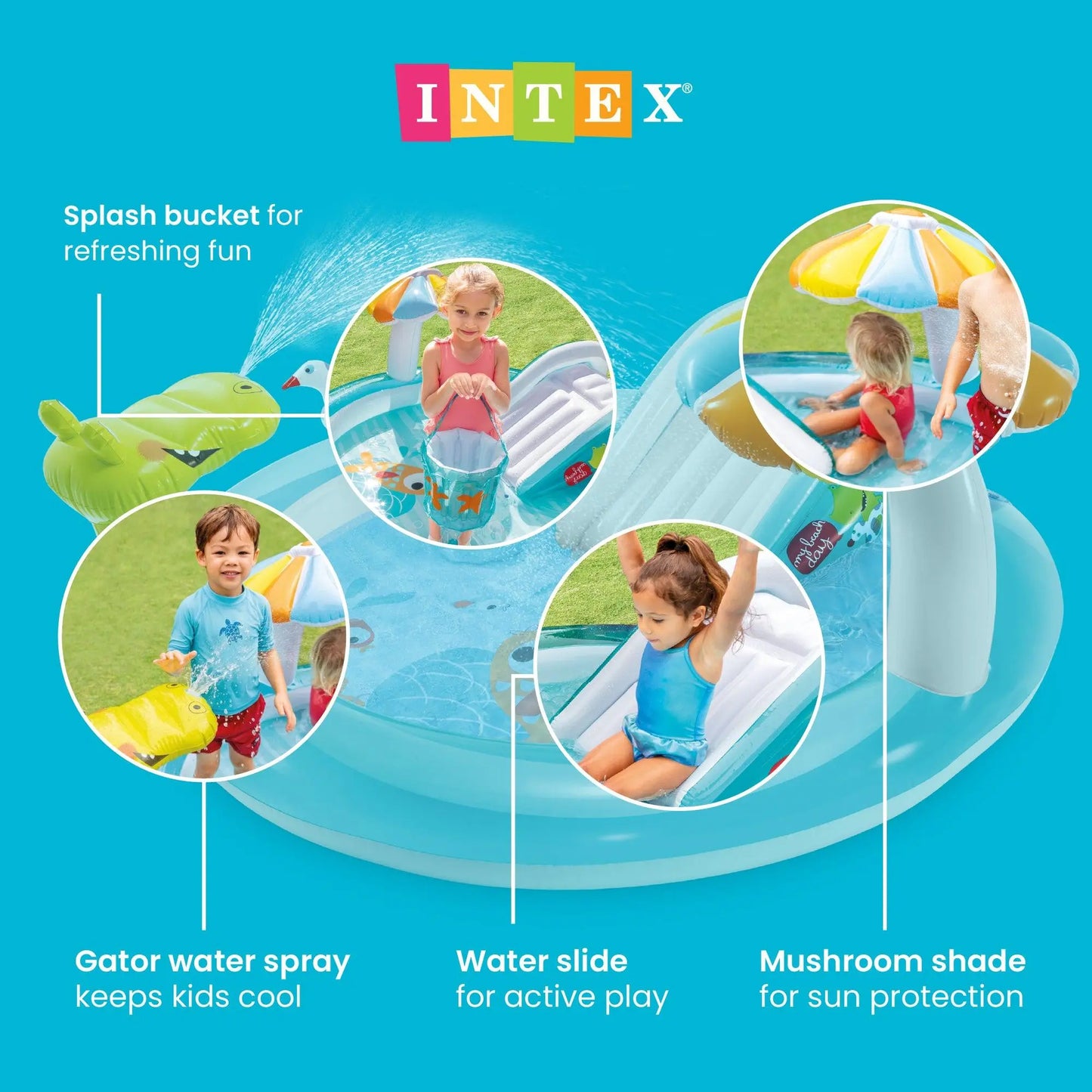 Intex 57165EP Gator Outdoor Inflatable Kiddie Pool Water Play Center with Slide