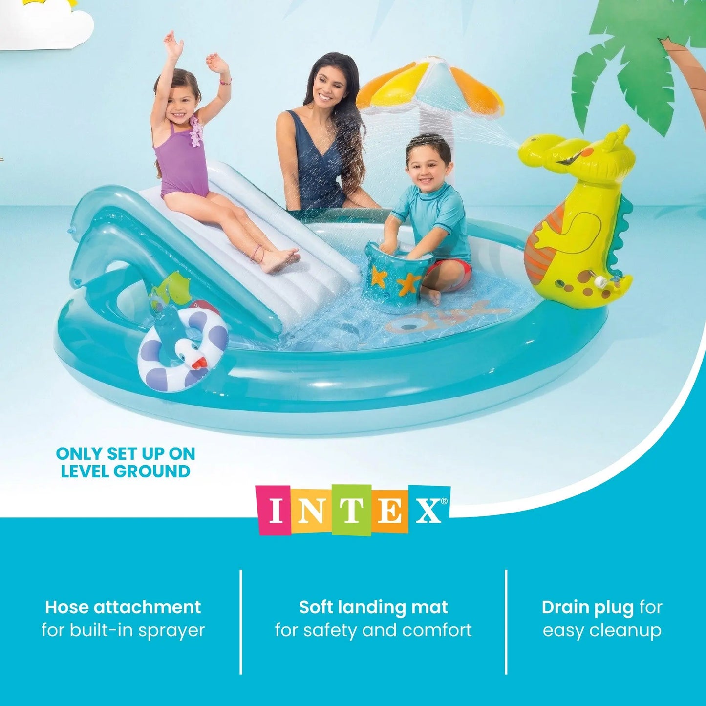 Intex 57165EP Gator Outdoor Inflatable Kiddie Pool Water Play Center with Slide
